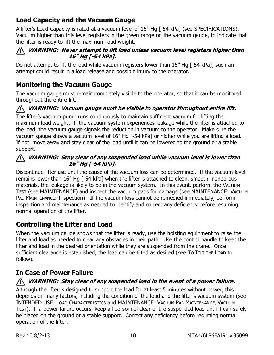 Load capacity and the vacuum gauge, Monitoring the vacuum gauge, Controlling the lifter and load | Wood’s Powr-Grip MTA6LP6FAIR User Manual | Page 12 / 20