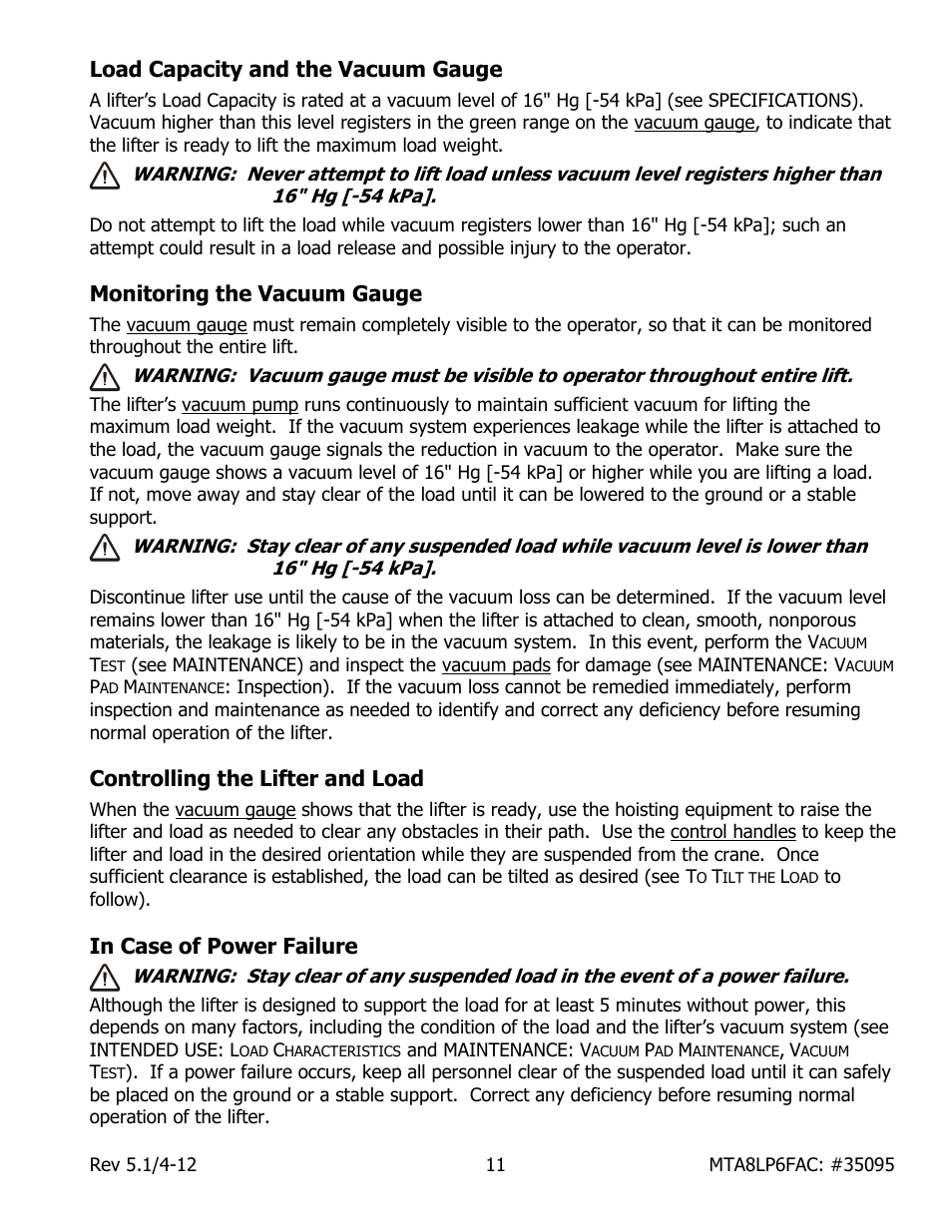Load capacity and the vacuum gauge, Monitoring the vacuum gauge, Controlling the lifter and load | Wood’s Powr-Grip MTA8LP6FAC User Manual | Page 13 / 23
