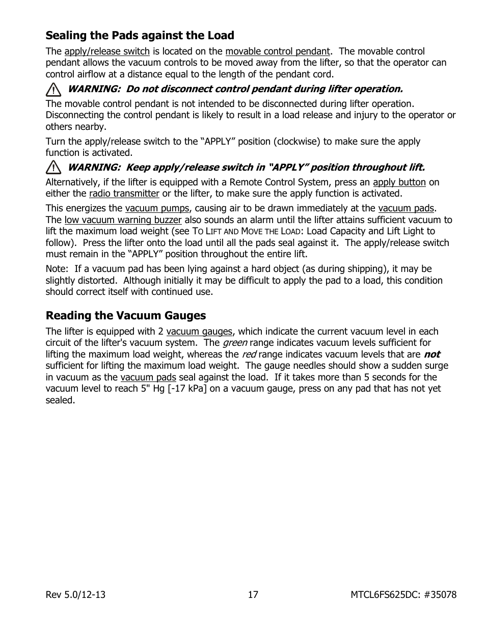 Sealing the pads against the load, Reading the vacuum gauges | Wood’s Powr-Grip MTCL6FS625DC User Manual | Page 19 / 42