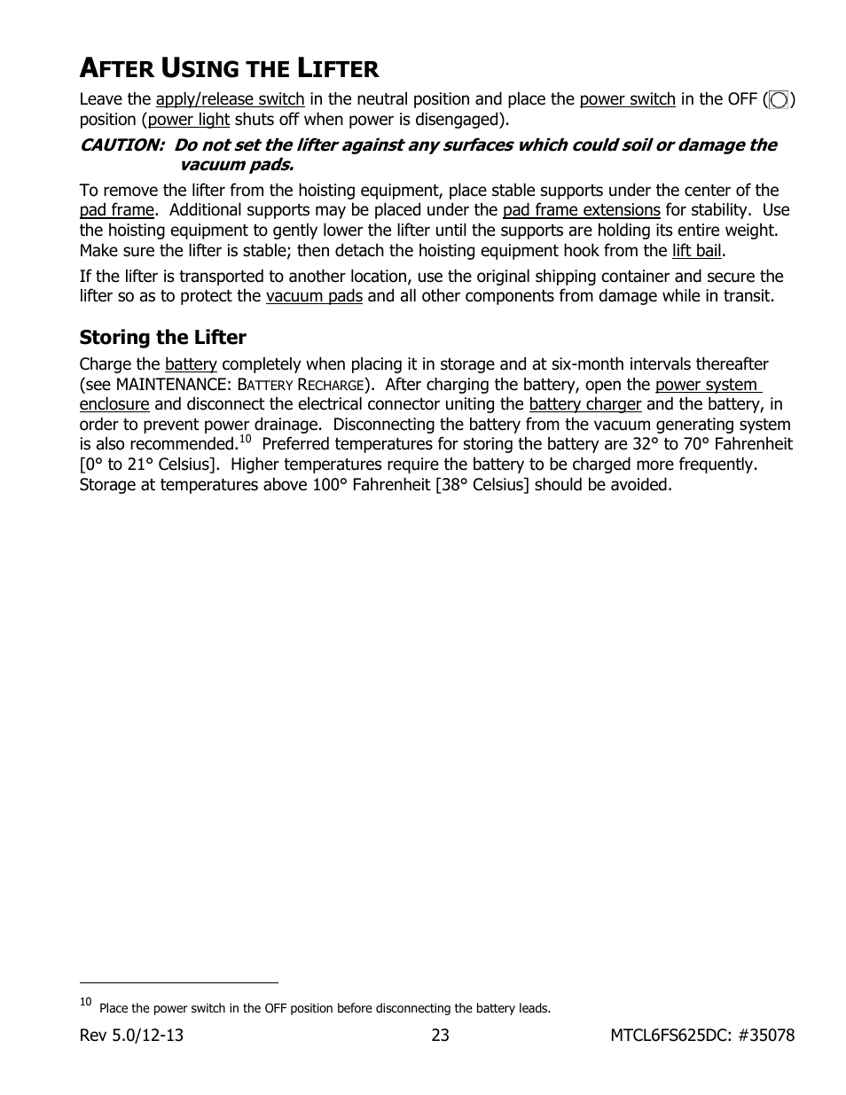 Fter, Sing the, Ifter | Storing the lifter | Wood’s Powr-Grip MTCL6FS625DC User Manual | Page 25 / 42