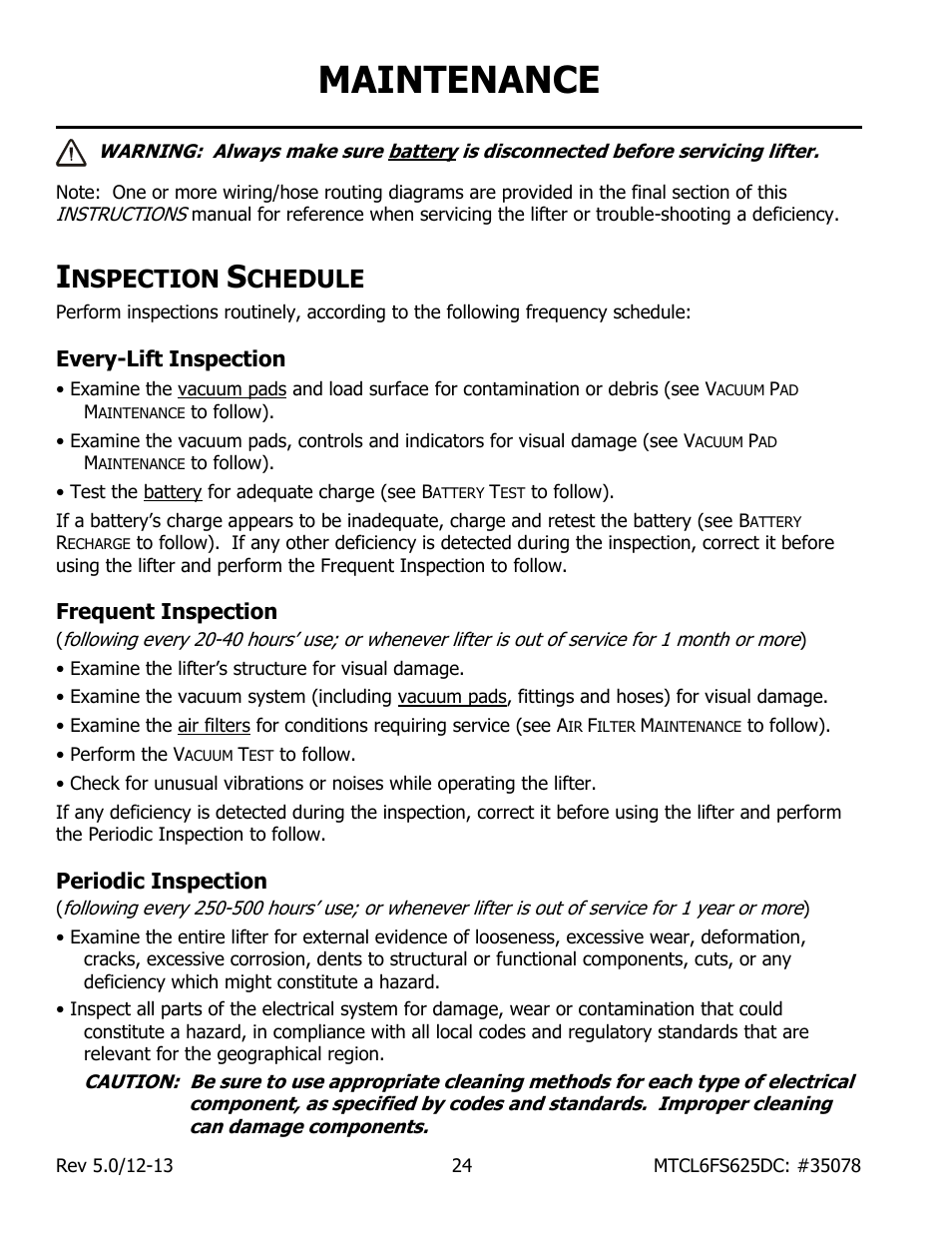 Maintenance, Nspection, Chedule | Every-lift inspection, Frequent inspection, Periodic inspection | Wood’s Powr-Grip MTCL6FS625DC User Manual | Page 26 / 42