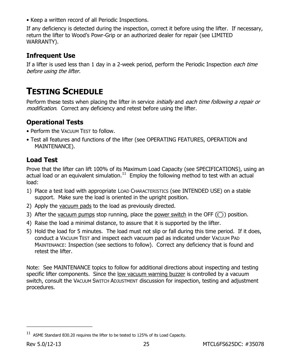 Infrequent use, Esting, Chedule | Operational tests, Load test | Wood’s Powr-Grip MTCL6FS625DC User Manual | Page 27 / 42