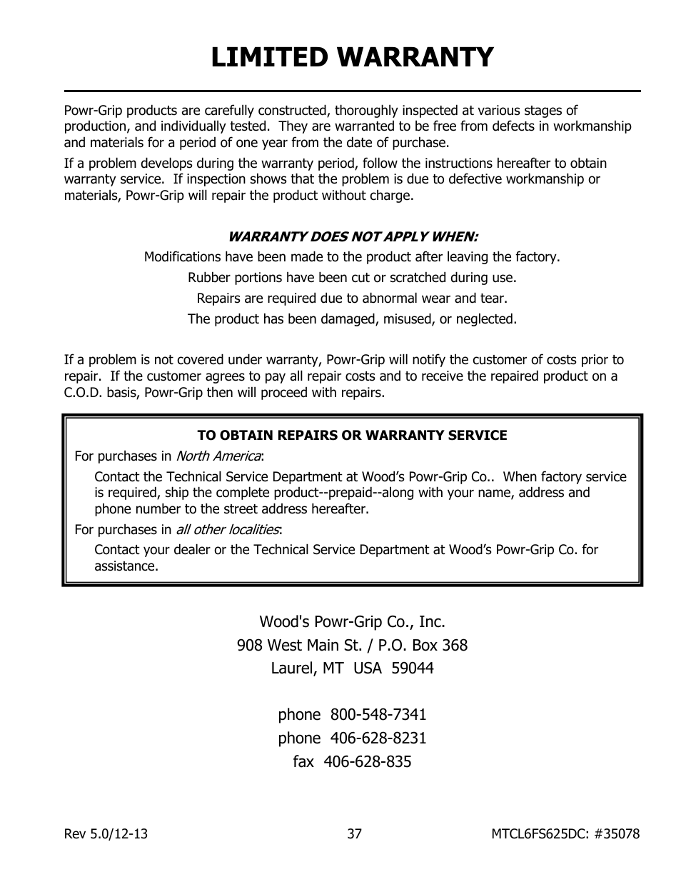 Limited warranty | Wood’s Powr-Grip MTCL6FS625DC User Manual | Page 39 / 42