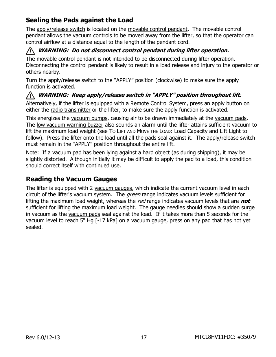 Sealing the pads against the load, Reading the vacuum gauges | Wood’s Powr-Grip MTCL8FS10TDC User Manual | Page 19 / 42