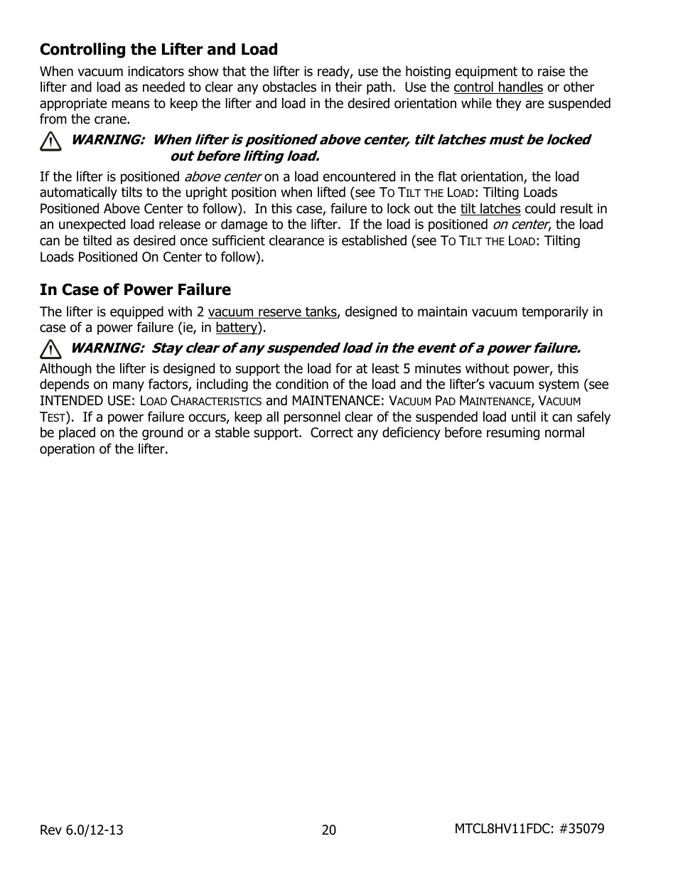 Controlling the lifter and load, In case of power failure | Wood’s Powr-Grip MTCL8FS10TDC User Manual | Page 22 / 42