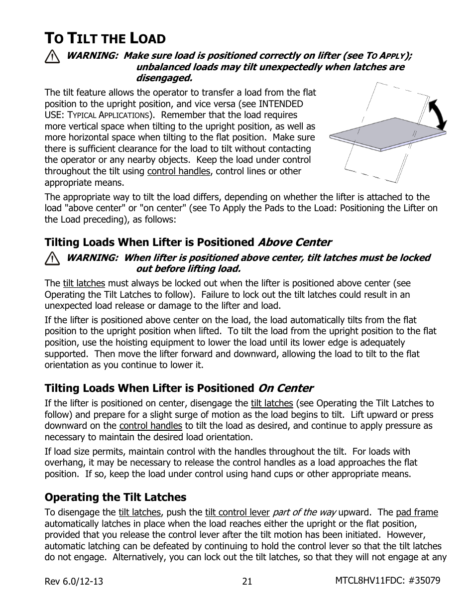 Ilt the, Tilting loads when lifter is positioned, Above center | On center, Operating the tilt latches | Wood’s Powr-Grip MTCL8FS10TDC User Manual | Page 23 / 42