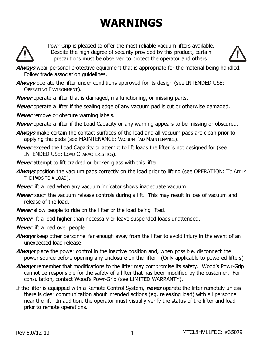 Warnings | Wood’s Powr-Grip MTCL8FS10TDC User Manual | Page 6 / 42