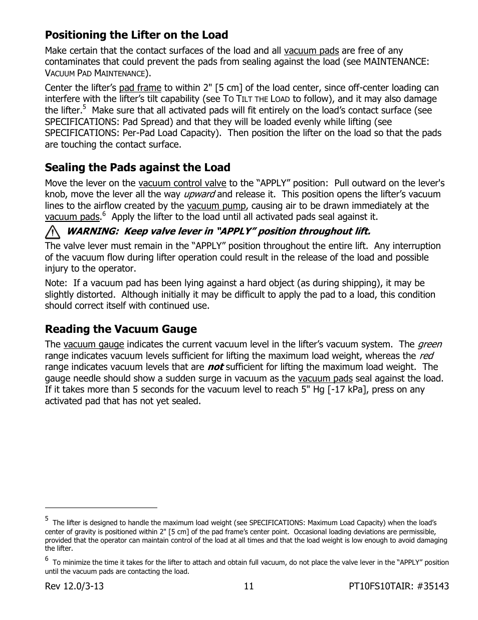 Positioning the lifter on the load, Sealing the pads against the load, Reading the vacuum gauge | Wood’s Powr-Grip PT10FS10TAIR User Manual | Page 13 / 28