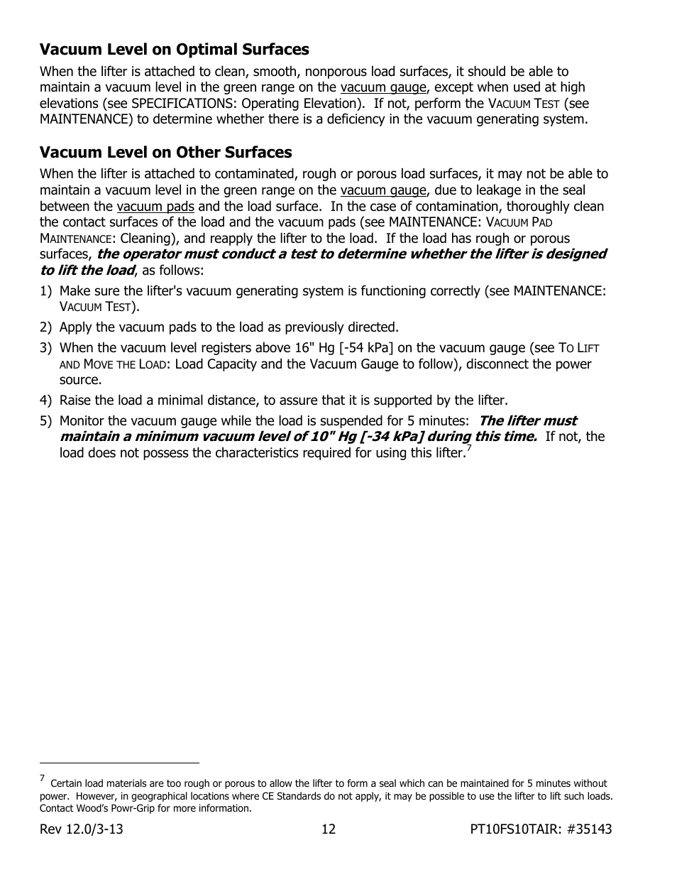 Vacuum level on optimal surfaces, Vacuum level on other surfaces | Wood’s Powr-Grip PT10FS10TAIR User Manual | Page 14 / 28