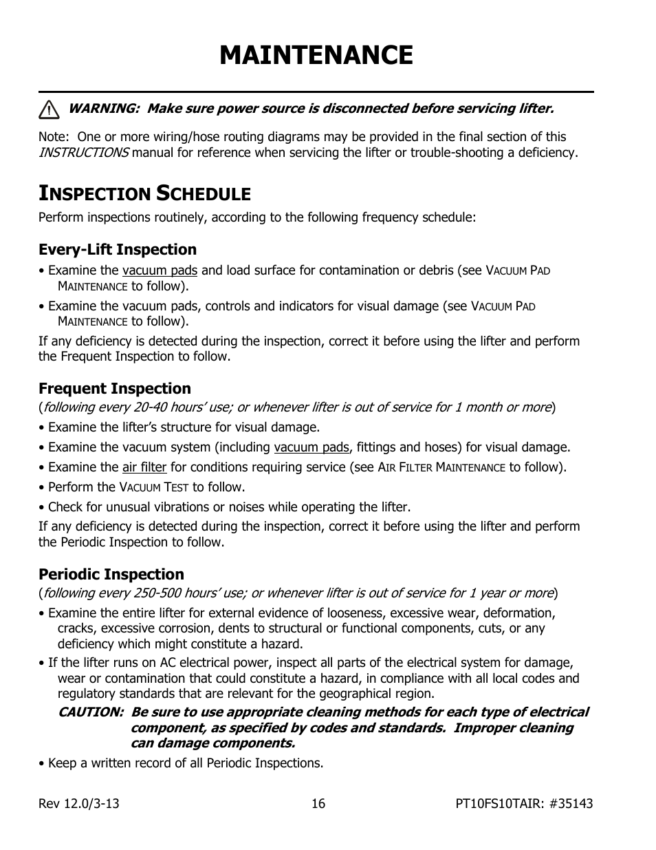 Maintenance, Nspection, Chedule | Every-lift inspection, Frequent inspection, Periodic inspection | Wood’s Powr-Grip PT10FS10TAIR User Manual | Page 18 / 28