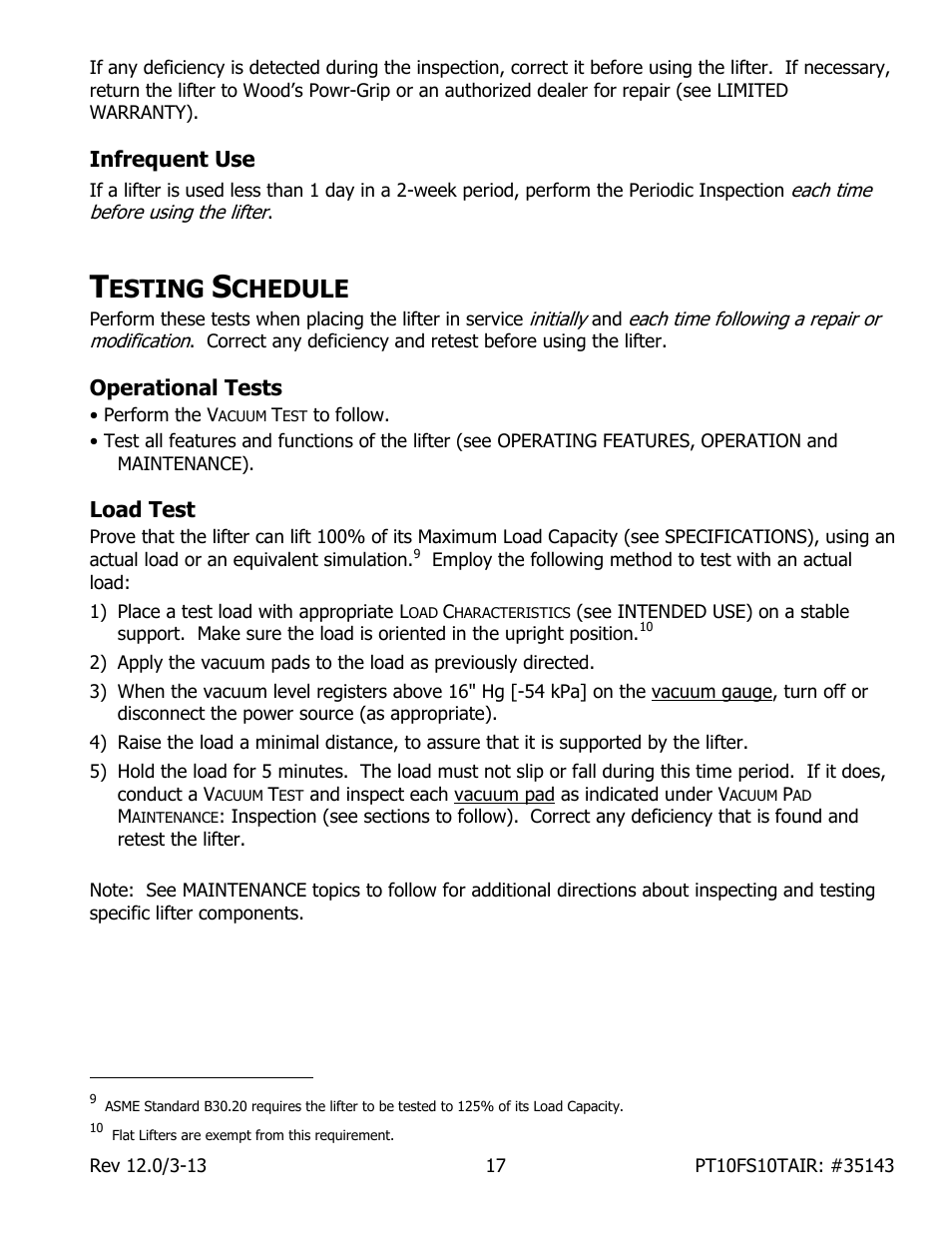 Infrequent use, Esting, Chedule | Operational tests, Load test | Wood’s Powr-Grip PT10FS10TAIR User Manual | Page 19 / 28