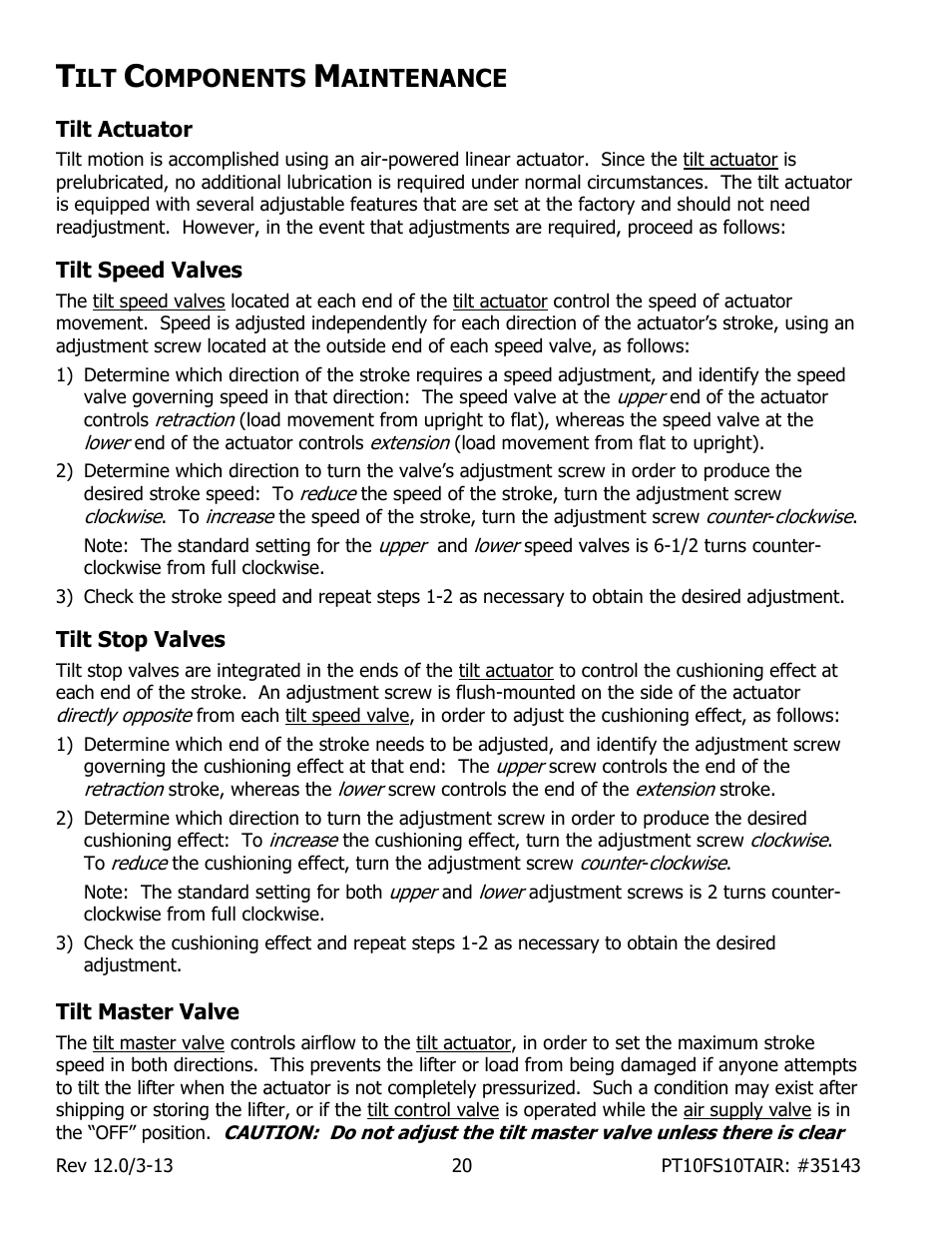 Omponents, Aintenance, Tilt actuator | Tilt speed valves, Tilt stop valves, Tilt master valve | Wood’s Powr-Grip PT10FS10TAIR User Manual | Page 22 / 28