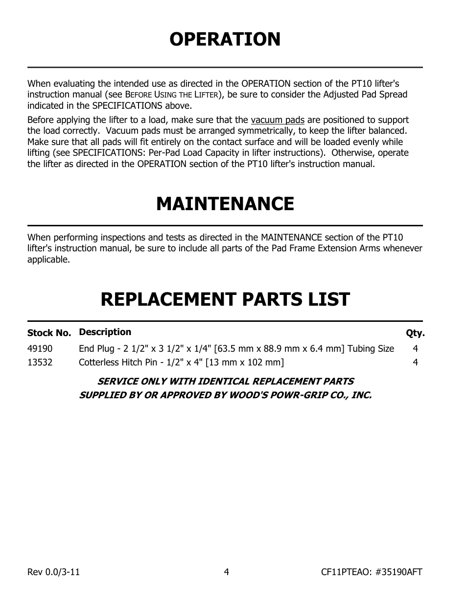 Operation, Maintenance, Replacement parts list | Wood’s Powr-Grip CF11PTEAO User Manual | Page 6 / 7