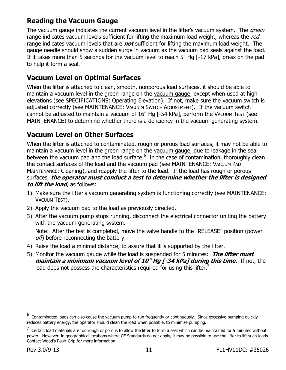 Reading the vacuum gauge, Vacuum level on optimal surfaces, Vacuum level on other surfaces | Wood’s Powr-Grip FL1HV11DC User Manual | Page 13 / 30