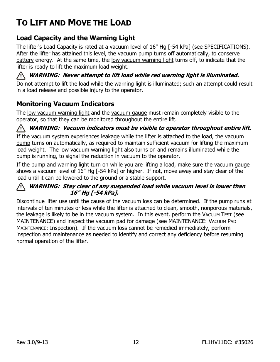 Ift and, Ove the, Load capacity and the warning light | Monitoring vacuum indicators | Wood’s Powr-Grip FL1HV11DC User Manual | Page 14 / 30