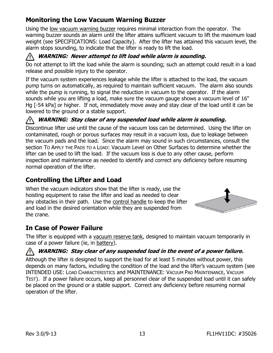 Monitoring the low vacuum warning buzzer, Controlling the lifter and load, In case of power failure | Wood’s Powr-Grip FL1HV11DC User Manual | Page 15 / 30