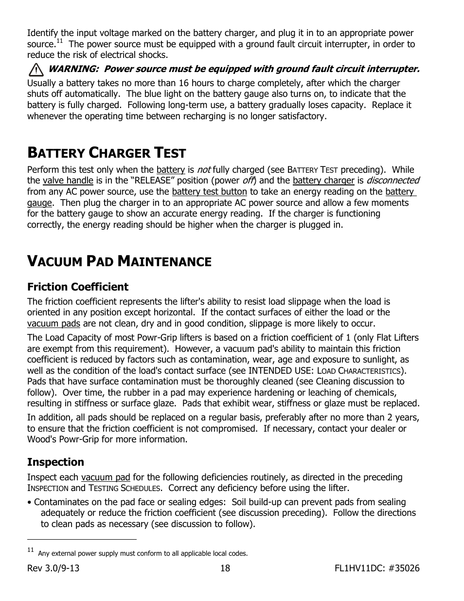 Attery, Harger, Acuum | Aintenance, Friction coefficient, Inspection | Wood’s Powr-Grip FL1HV11DC User Manual | Page 20 / 30