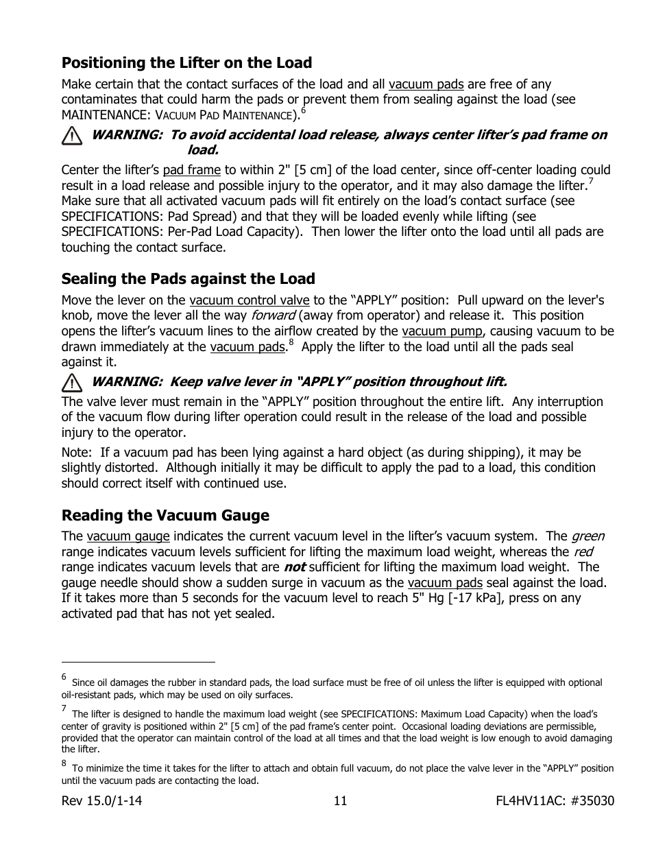 Positioning the lifter on the load, Sealing the pads against the load, Reading the vacuum gauge | Wood’s Powr-Grip FL4HV11AC User Manual | Page 13 / 27