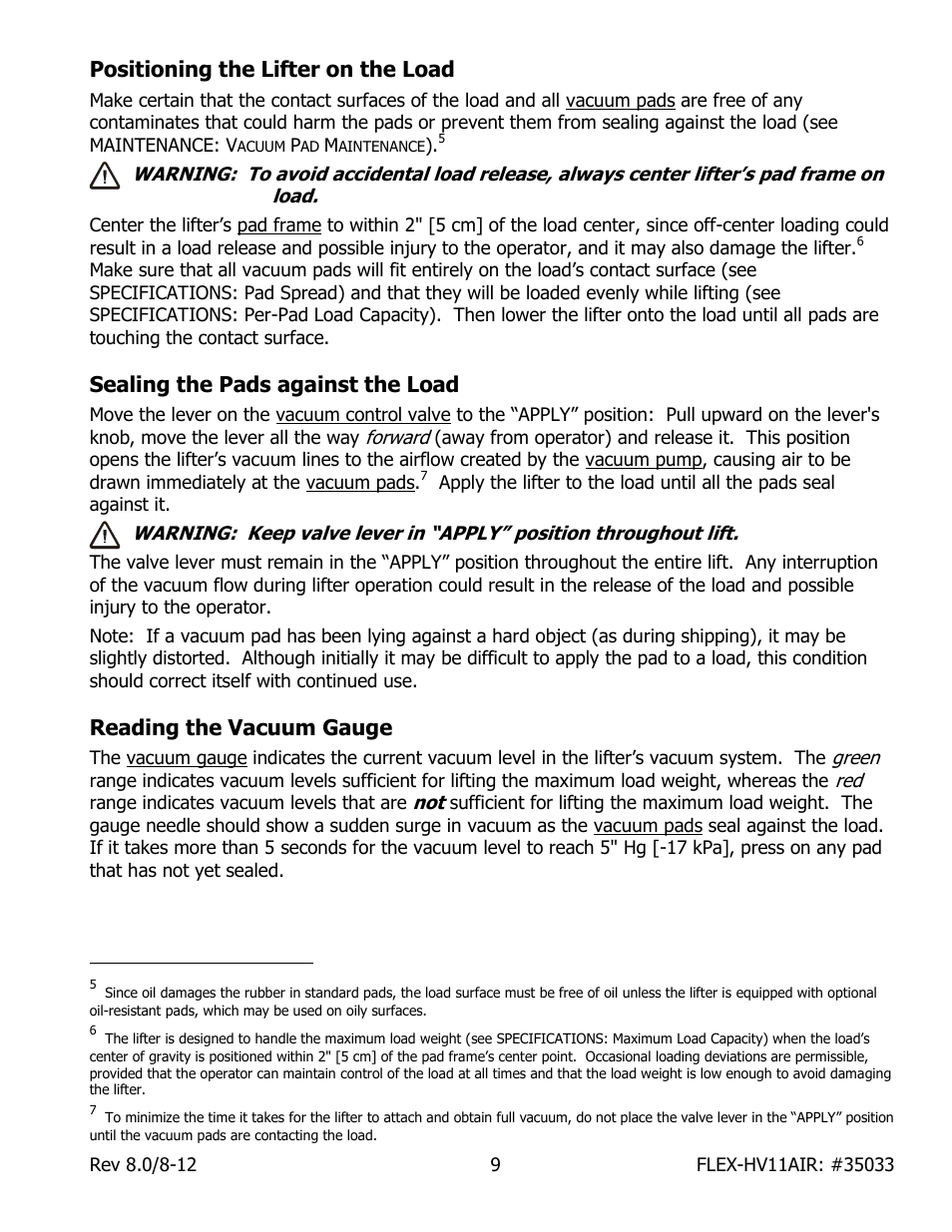 Positioning the lifter on the load, Sealing the pads against the load, Reading the vacuum gauge | Wood’s Powr-Grip FLEX5HV11AIR User Manual | Page 11 / 22