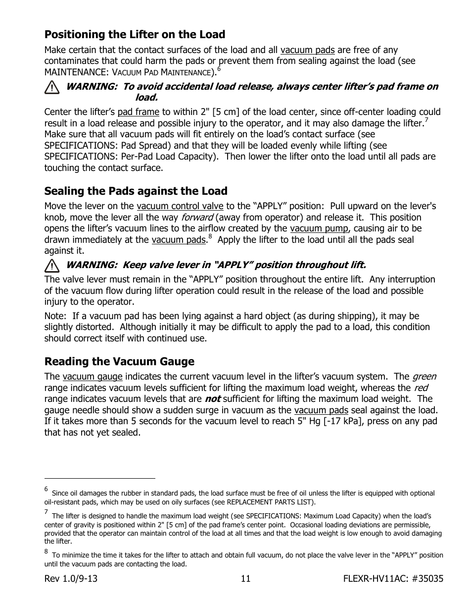 Positioning the lifter on the load, Sealing the pads against the load, Reading the vacuum gauge | Wood’s Powr-Grip FLEXR6HV11AC User Manual | Page 13 / 29