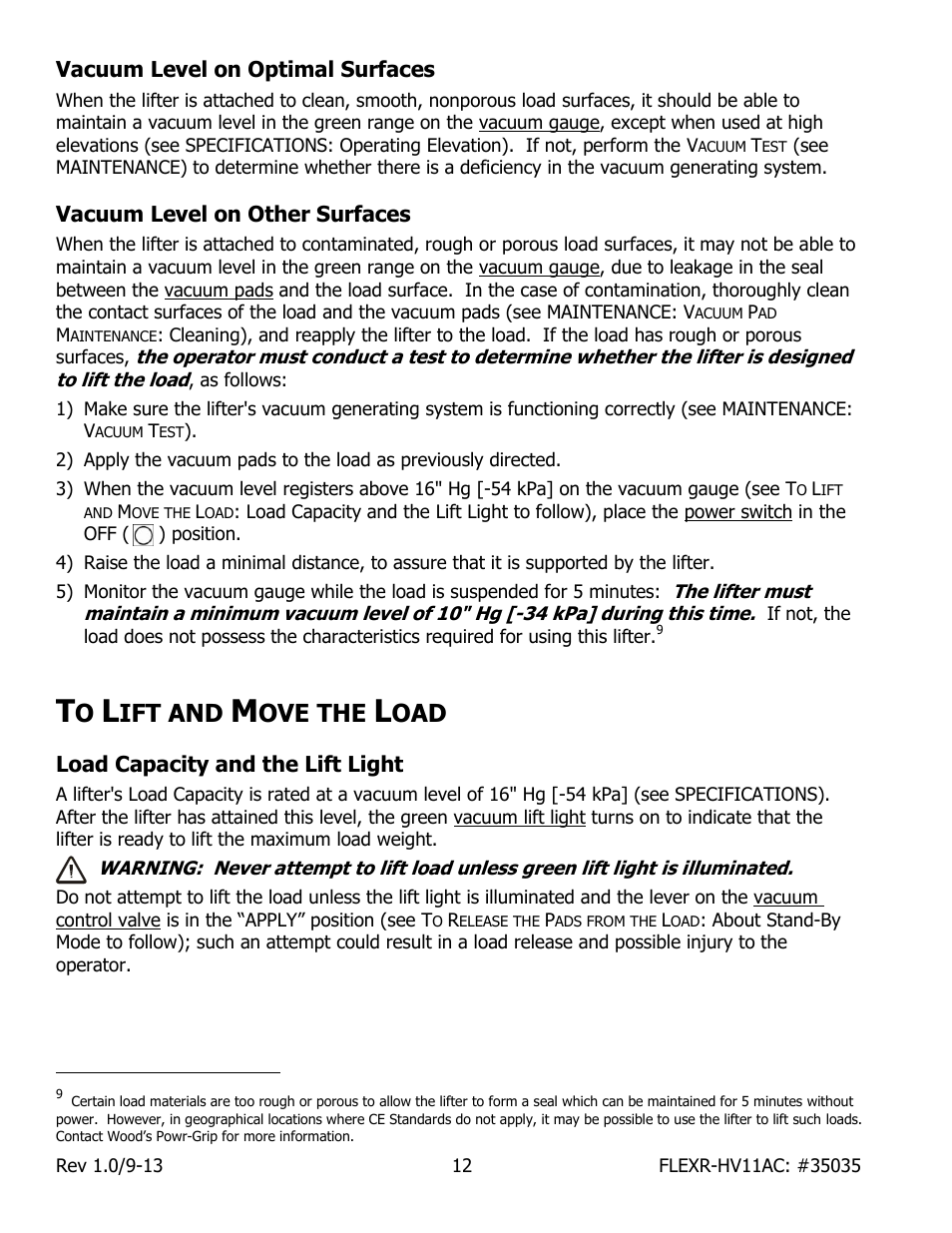 Vacuum level on optimal surfaces, Vacuum level on other surfaces, Ift and | Ove the, Load capacity and the lift light | Wood’s Powr-Grip FLEXR6HV11AC User Manual | Page 14 / 29