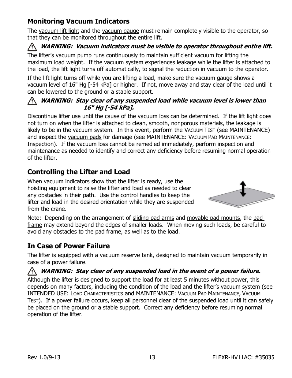 Monitoring vacuum indicators, Controlling the lifter and load, In case of power failure | Wood’s Powr-Grip FLEXR6HV11AC User Manual | Page 15 / 29