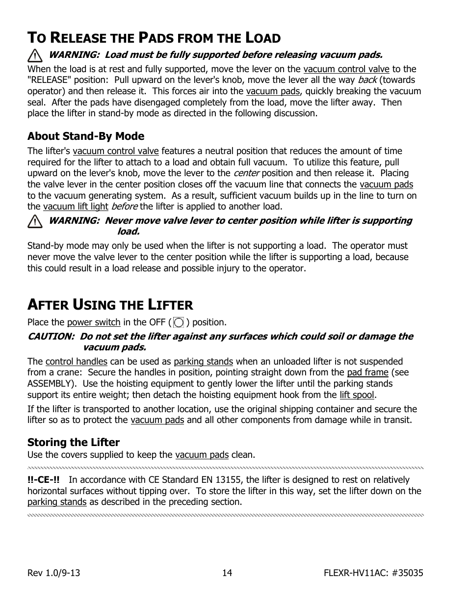 Elease the, Ads from the, About stand-by mode | Fter, Sing the, Ifter, Storing the lifter | Wood’s Powr-Grip FLEXR6HV11AC User Manual | Page 16 / 29