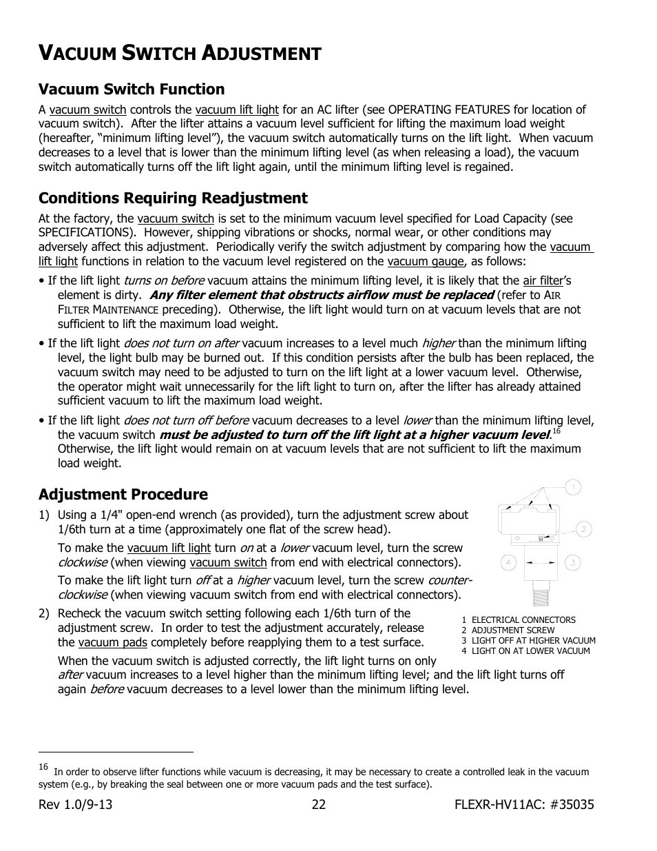 Acuum, Witch, Djustment | Vacuum switch function, Conditions requiring readjustment, Adjustment procedure | Wood’s Powr-Grip FLEXR6HV11AC User Manual | Page 24 / 29