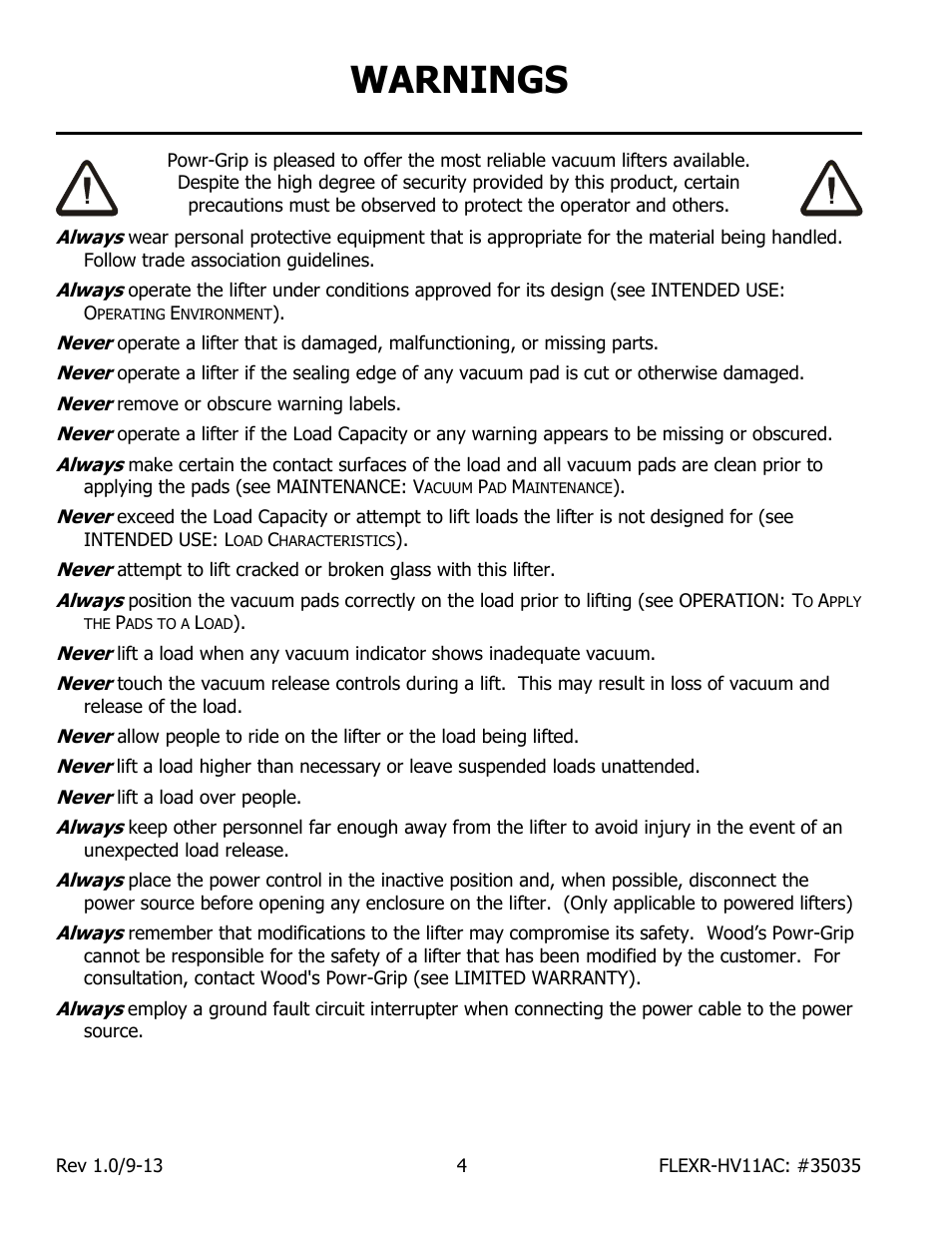 Warnings | Wood’s Powr-Grip FLEXR6HV11AC User Manual | Page 6 / 29