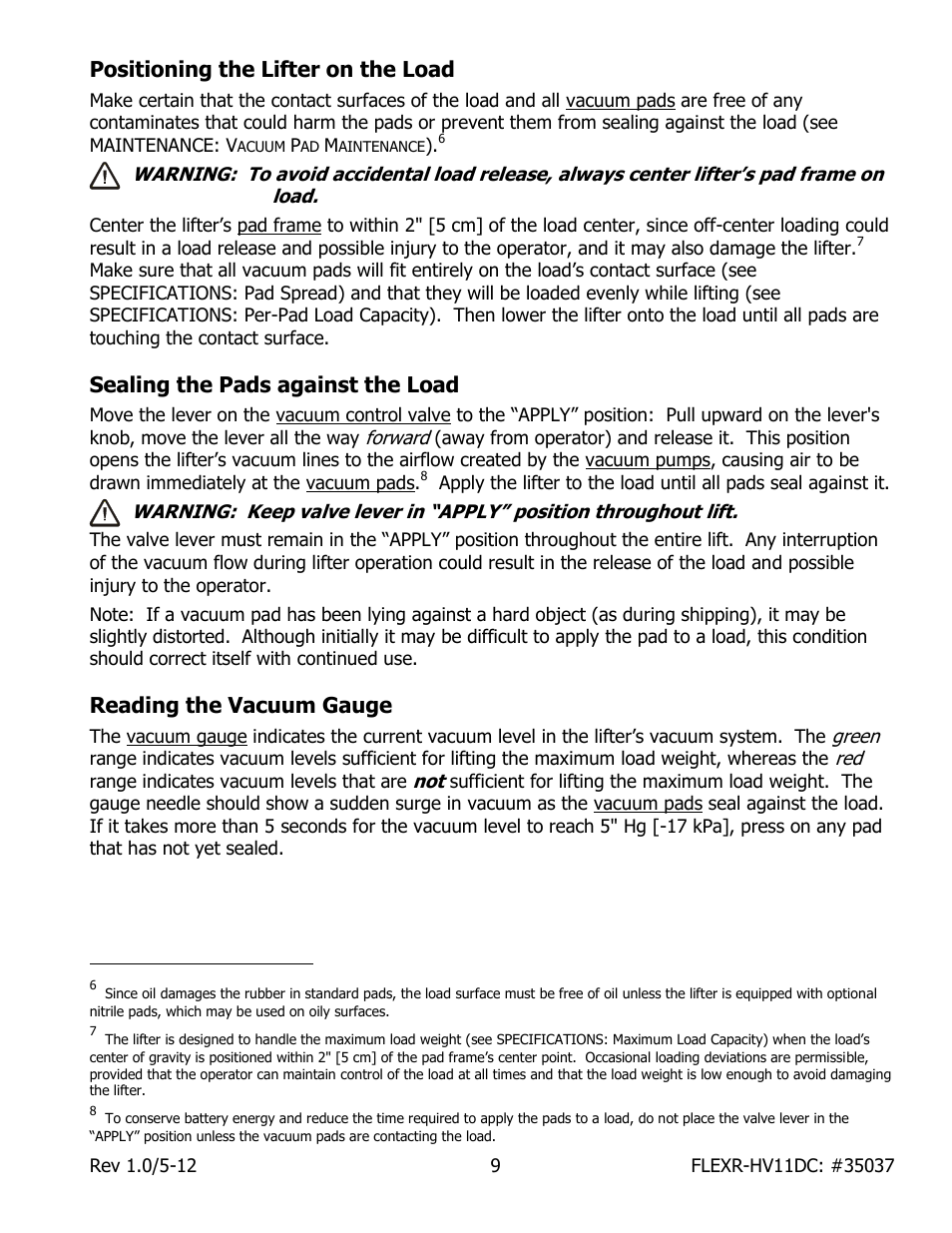 Positioning the lifter on the load, Sealing the pads against the load, Reading the vacuum gauge | Wood’s Powr-Grip FLEXR6HV11DC User Manual | Page 11 / 28