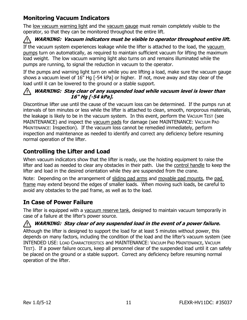 Monitoring vacuum indicators, Controlling the lifter and load | Wood’s Powr-Grip FLEXR6HV11DC User Manual | Page 13 / 28