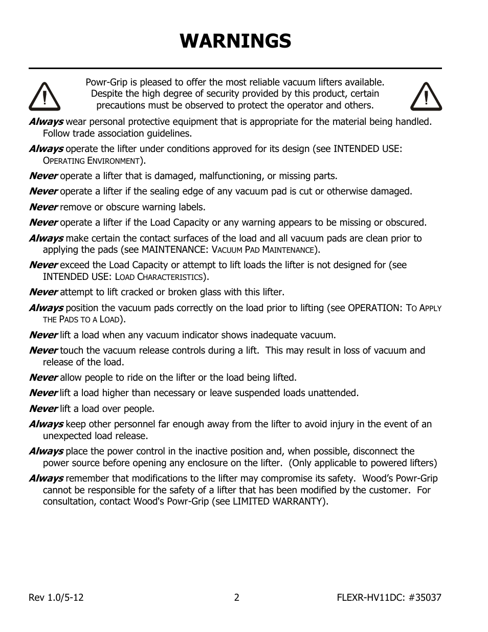 Warnings | Wood’s Powr-Grip FLEXR6HV11DC User Manual | Page 4 / 28