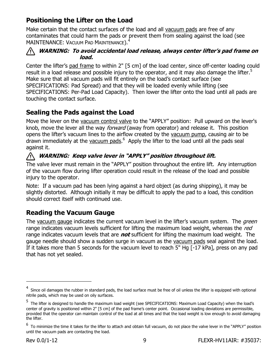 Positioning the lifter on the load, Sealing the pads against the load, Reading the vacuum gauge | Wood’s Powr-Grip FLEXR6HV11AIR User Manual | Page 11 / 22