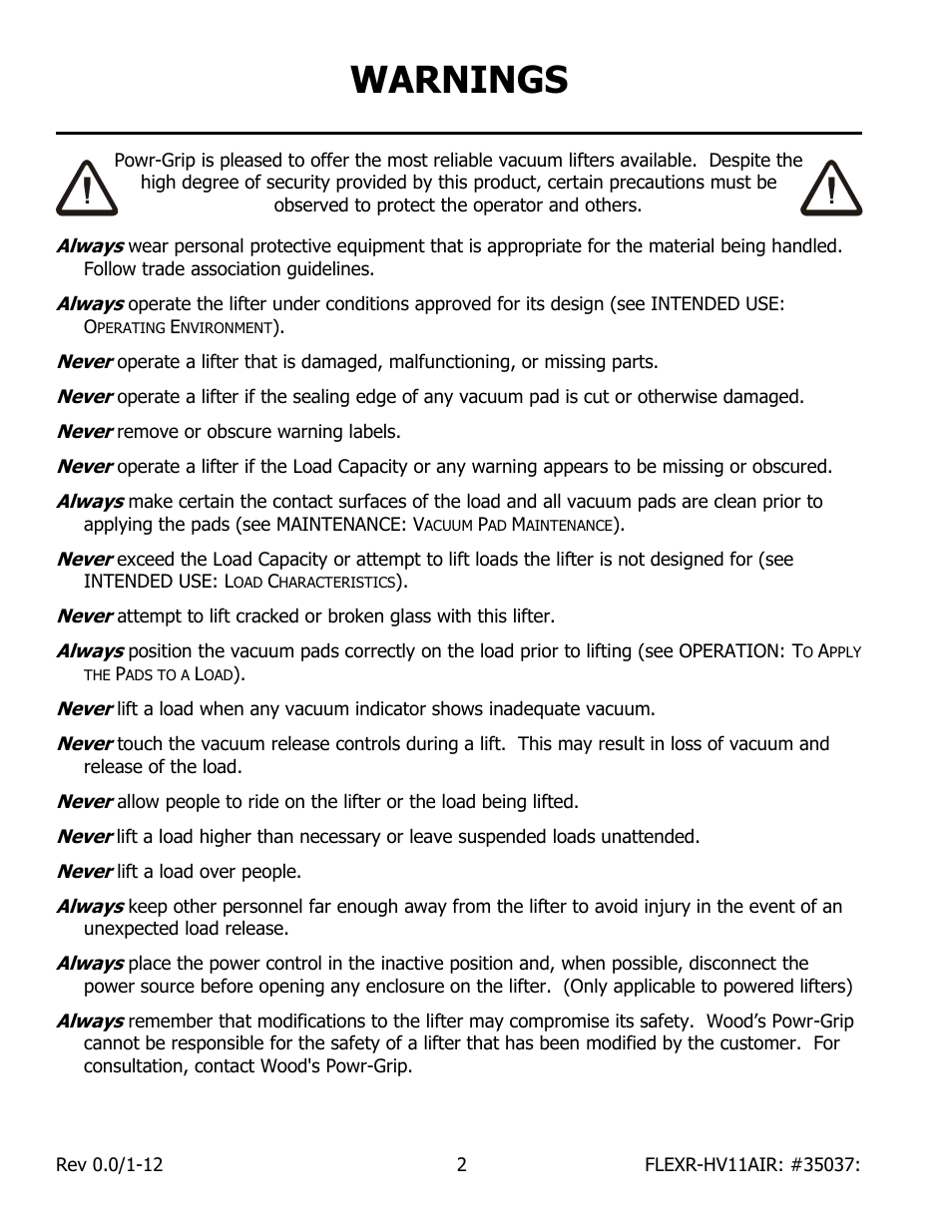 Warnings | Wood’s Powr-Grip FLEXR6HV11AIR User Manual | Page 4 / 22