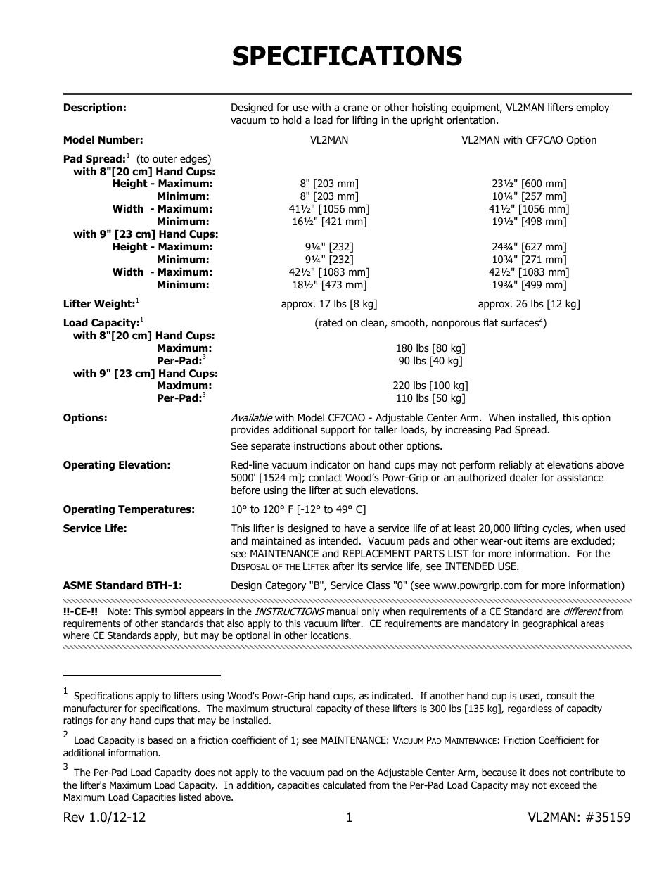 Specifications | Wood’s Powr-Grip VL2MAN User Manual | Page 3 / 19