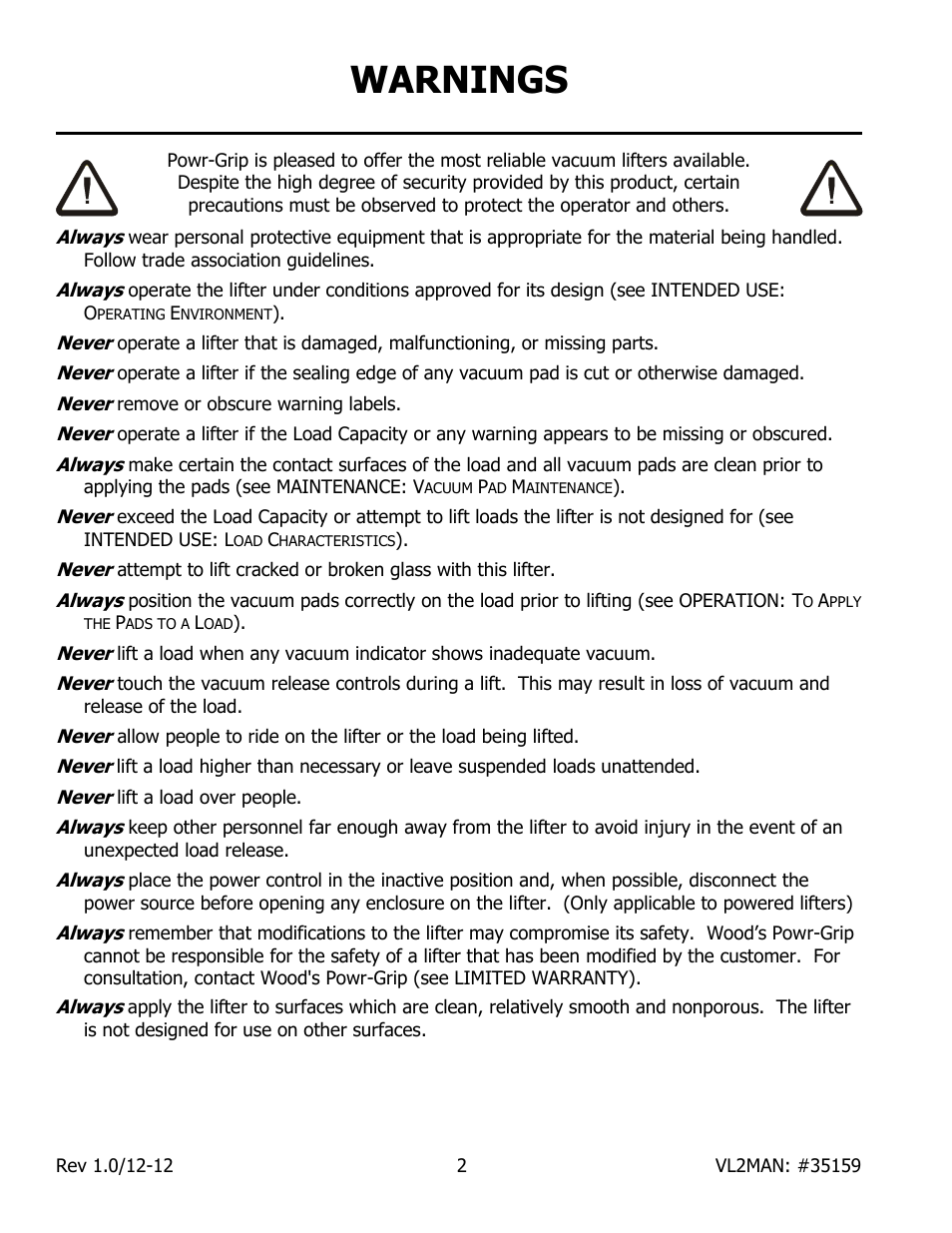 Warnings | Wood’s Powr-Grip VL2MAN User Manual | Page 4 / 19