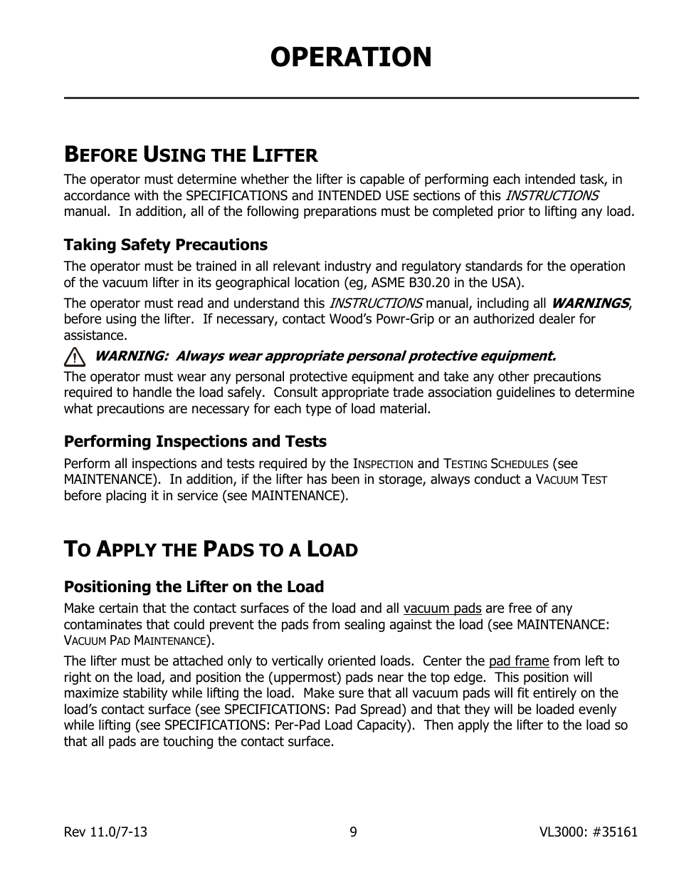 Operation, Efore, Sing the | Ifter, Taking safety precautions, Performing inspections and tests, Pply the, Ads to a, Positioning the lifter on the load | Wood’s Powr-Grip VL3000L User Manual | Page 11 / 20