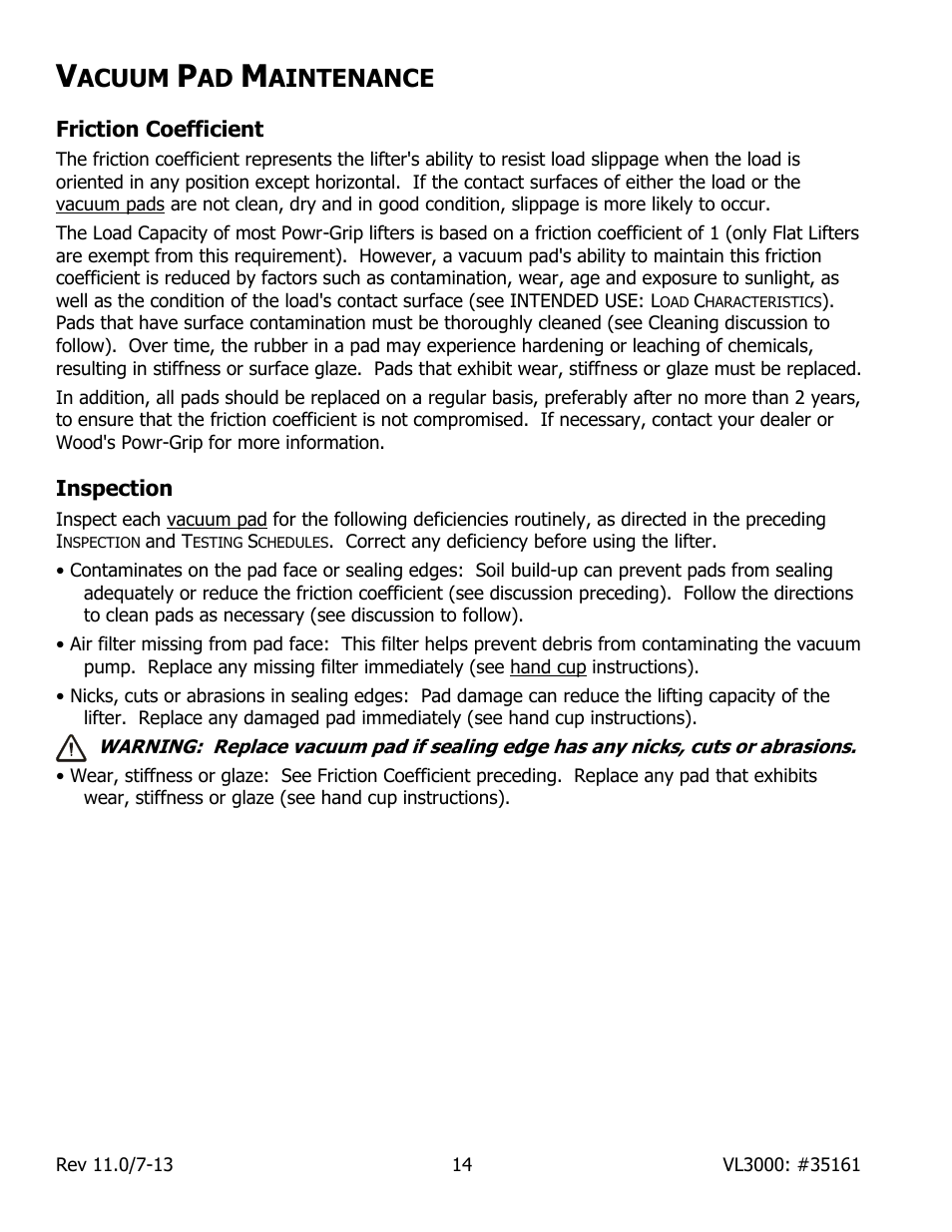 Acuum, Aintenance, Friction coefficient | Inspection | Wood’s Powr-Grip VL3000L User Manual | Page 16 / 20