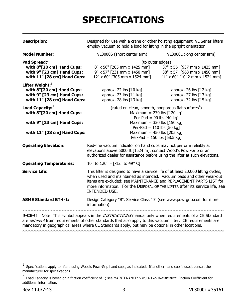 Specifications | Wood’s Powr-Grip VL3000L User Manual | Page 5 / 20