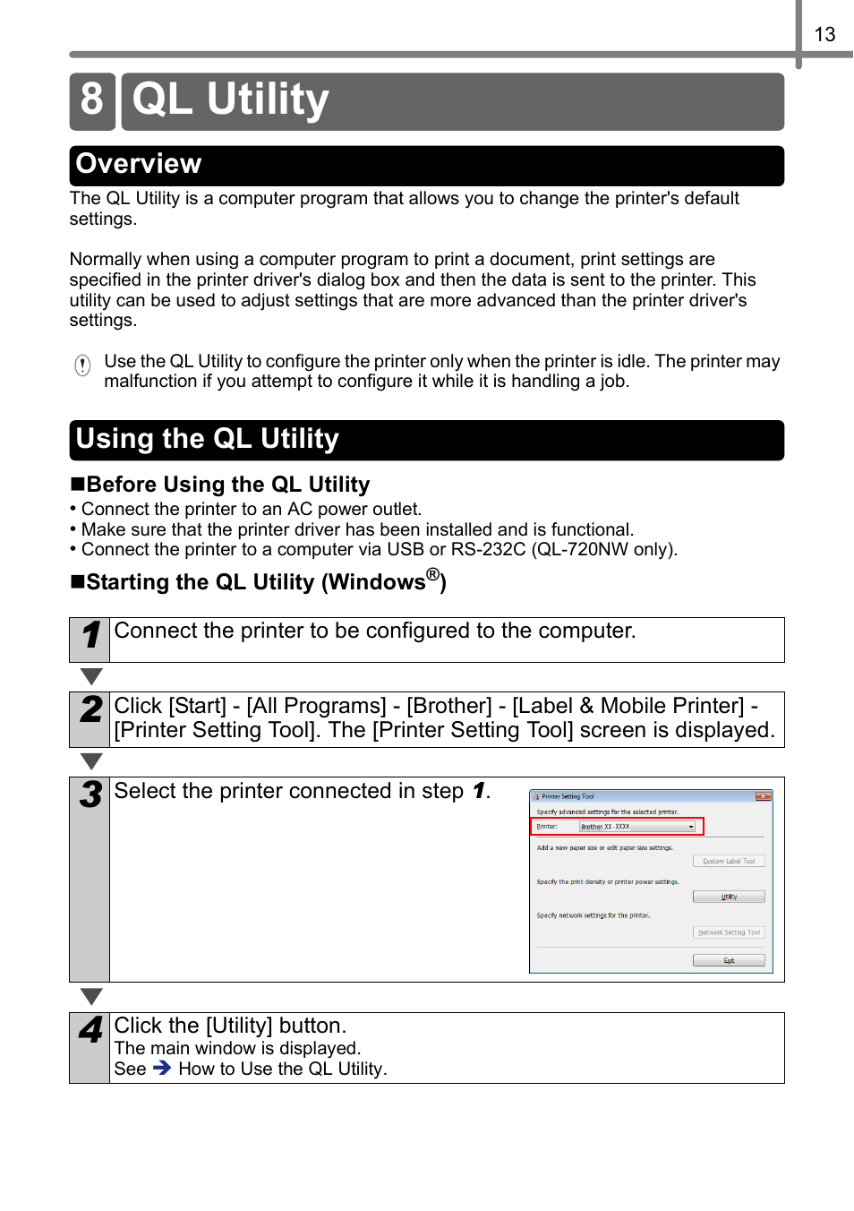 Ql utility, Overview, Using the ql utility | 8 ql utility, Overview using the ql utility | Brother QL-710W User Manual | Page 14 / 23