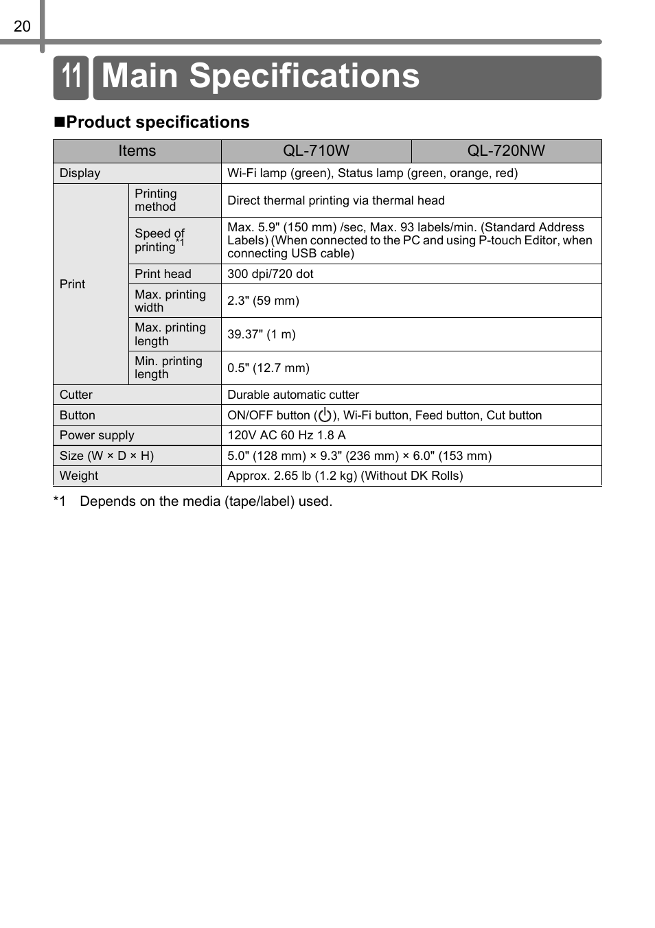 Main specifications, 11 main specifications, Product specifications | Brother QL-710W User Manual | Page 21 / 23