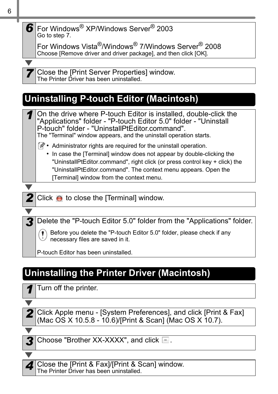 Uninstalling p-touch editor (macintosh), Uninstalling the printer driver (macintosh) | Brother QL-710W User Manual | Page 7 / 23