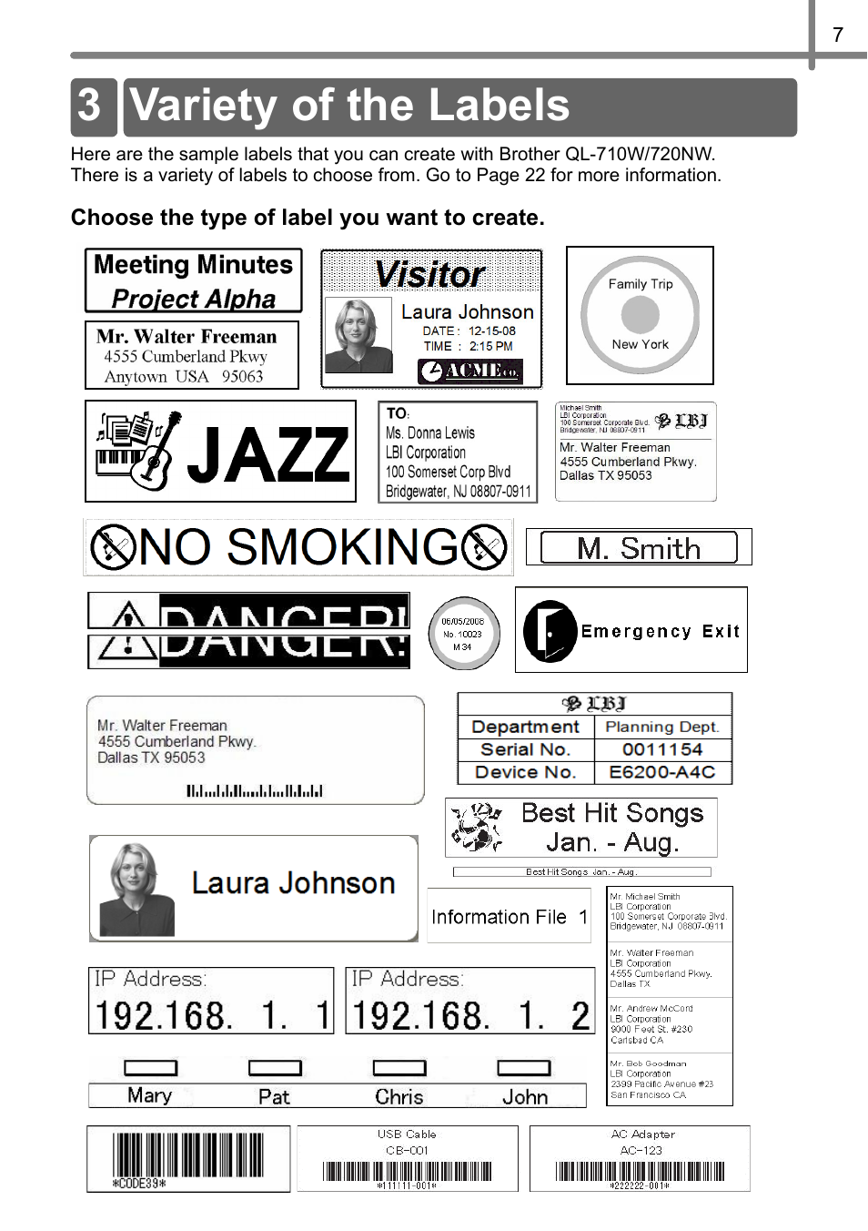 Variety of the labels, 3 variety of the labels | Brother QL-710W User Manual | Page 8 / 23