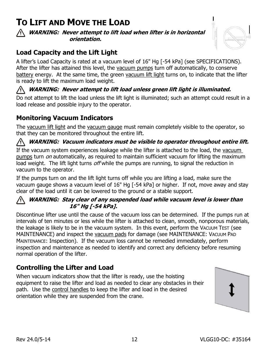 Ift and, Ove the, Load capacity and the lift light | Monitoring vacuum indicators, Controlling the lifter and load | Wood’s Powr-Grip VLGG1011LDC User Manual | Page 14 / 32
