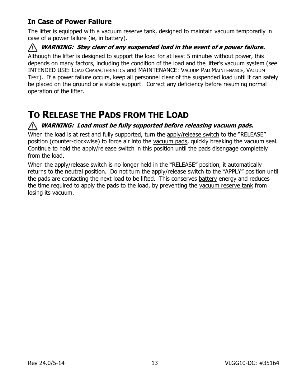 In case of power failure, Elease the, Ads from the | Wood’s Powr-Grip VLGG1011LDC User Manual | Page 15 / 32