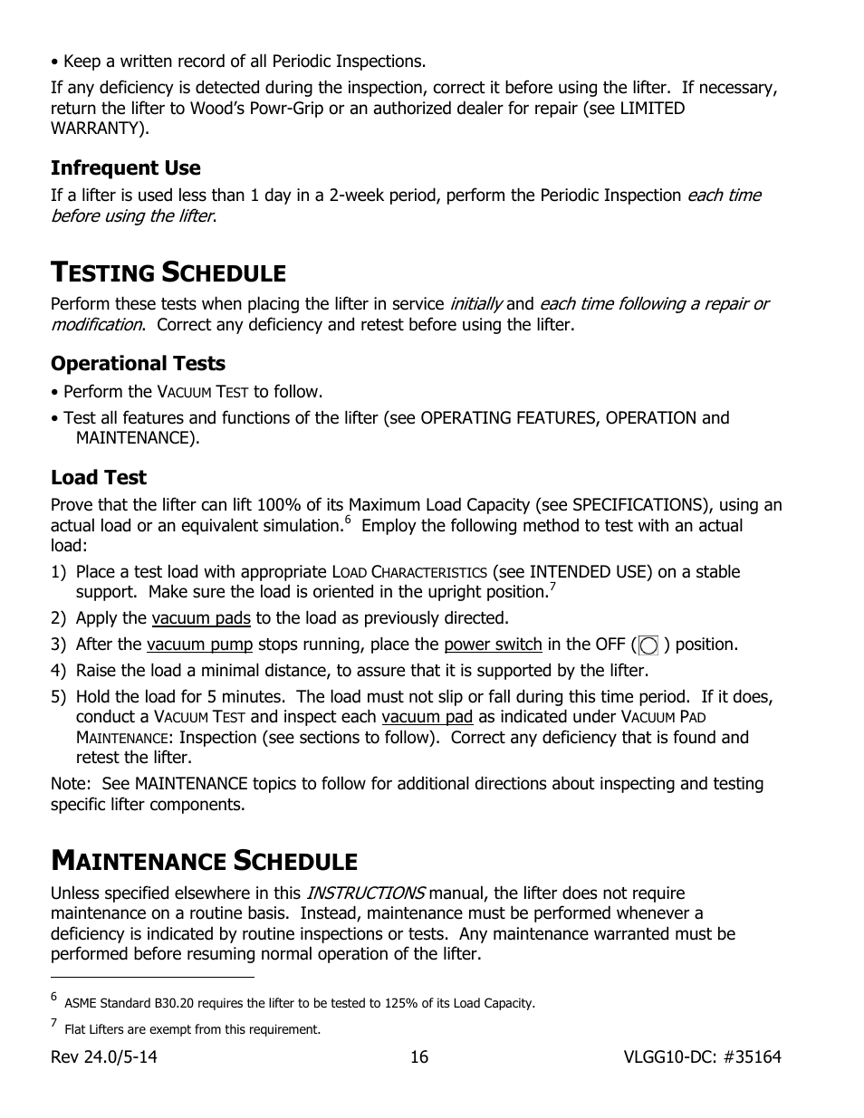 Infrequent use, Esting, Chedule | Operational tests, Load test, Aintenance | Wood’s Powr-Grip VLGG1011LDC User Manual | Page 18 / 32