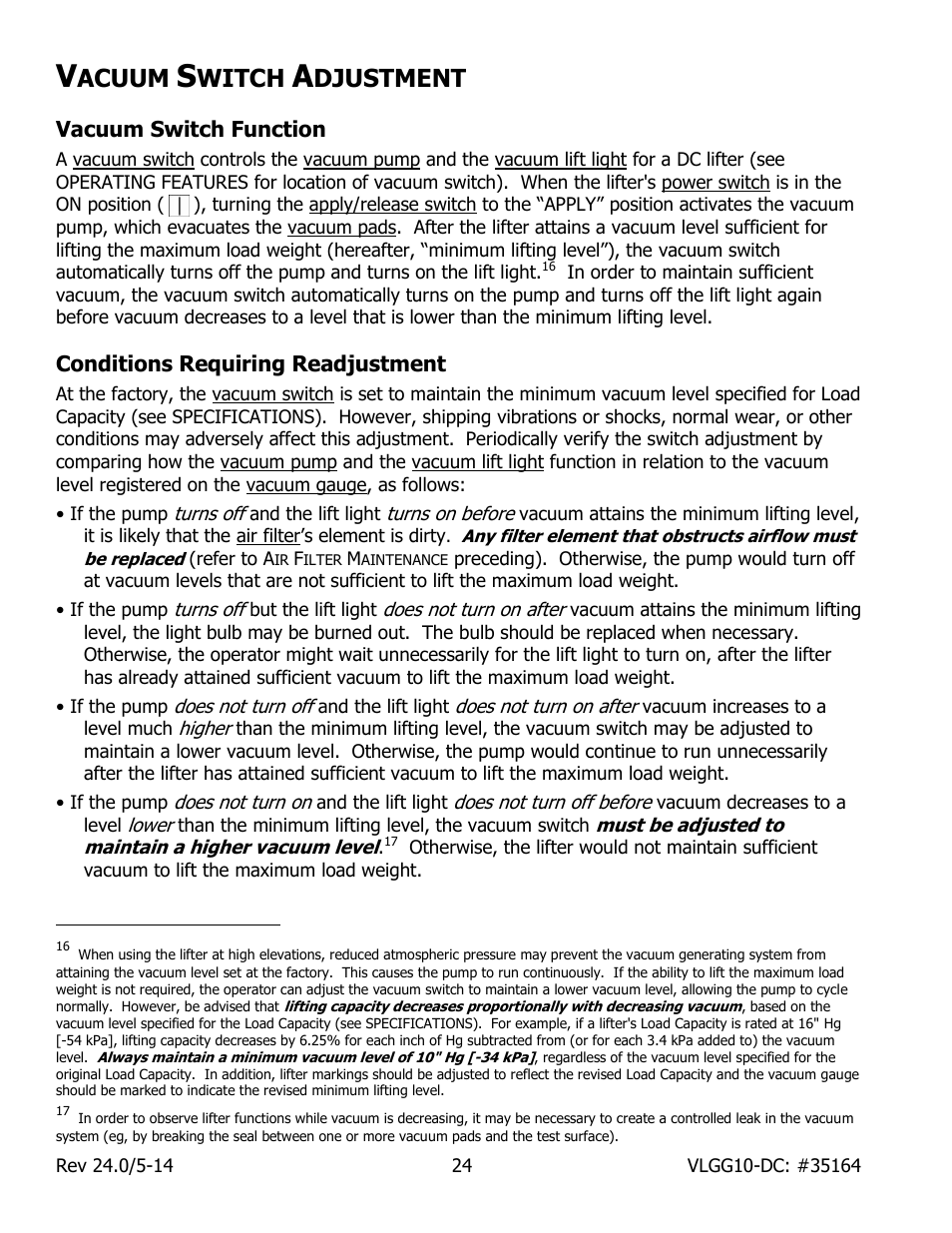 Acuum, Witch, Djustment | Vacuum switch function, Conditions requiring readjustment | Wood’s Powr-Grip VLGG1011LDC User Manual | Page 26 / 32