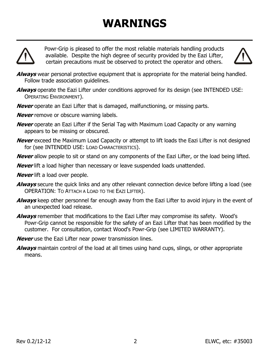 Warnings | Wood’s Powr-Grip EL Series User Manual | Page 4 / 26