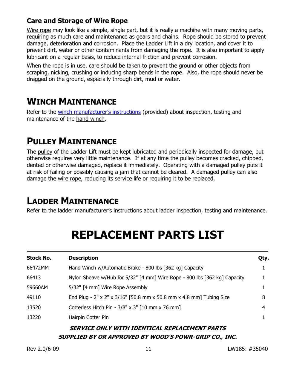 Replacement parts list | Wood’s Powr-Grip LL185 User Manual | Page 13 / 14