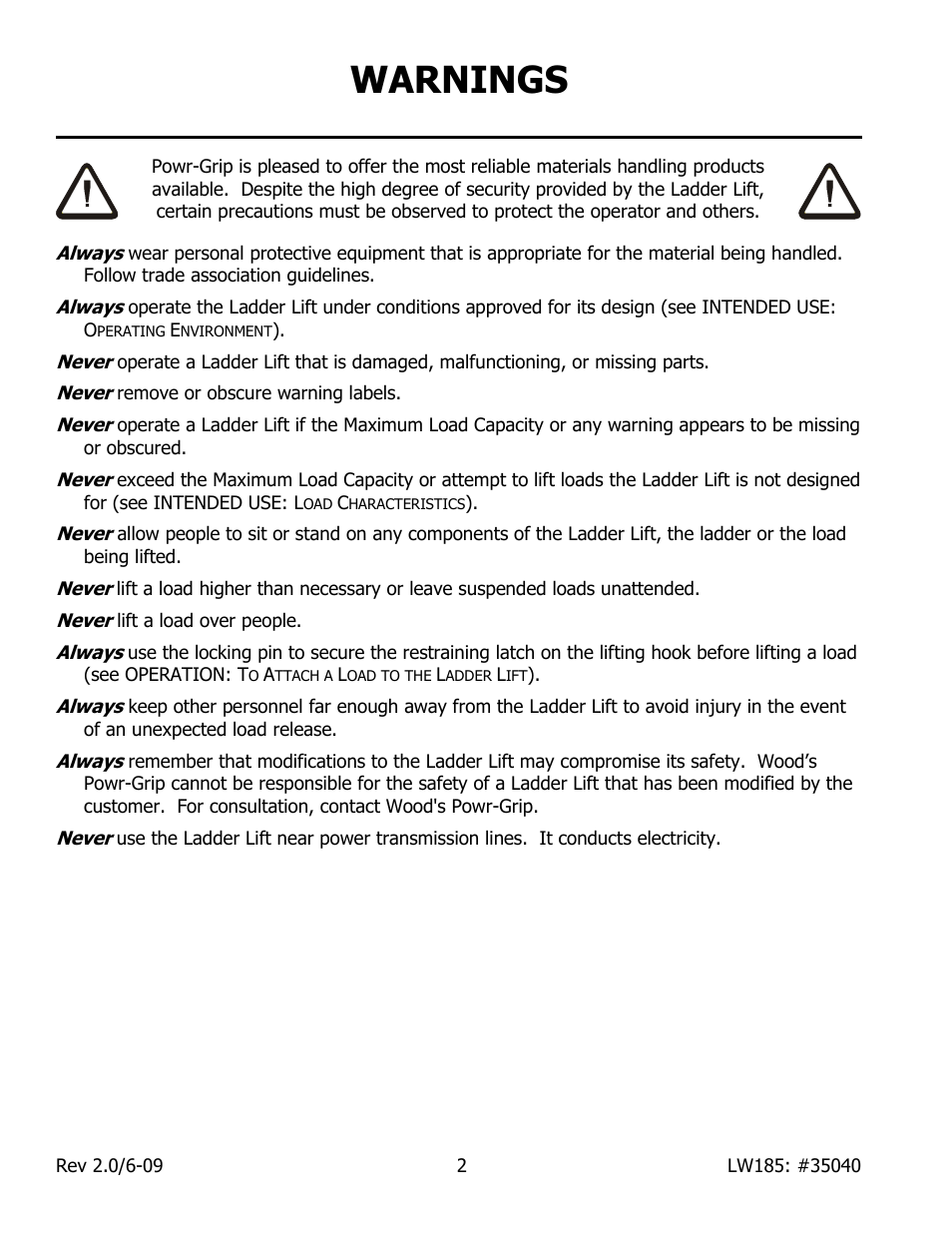 Warnings | Wood’s Powr-Grip LL185 User Manual | Page 4 / 14